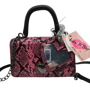 BETSEY JOHNSON Pink Snake Print Mini Crossbody or Handle Purse NWT Heart Mirror